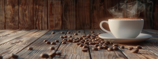 A wooden table with a steaming cup of coffee and a few scattered beans.