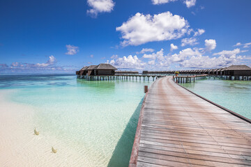 Maldives water villas paradise background. Tropical landscape, seascape with long pier, water villas, amazing sea sky and lagoon beach, tropical nature. Exotic tourism destination, summer vacation - 790613049