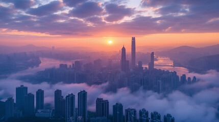 Fototapeta na wymiar Aerial view of peaceful cityscape before sunrise.