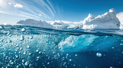 A portion of the iceberg is visible above the ocean on a background of blue sky. - obrazy, fototapety, plakaty