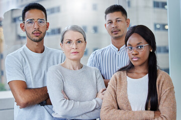 Businesspeople, team and diversity for portrait and serious, office and creative company....