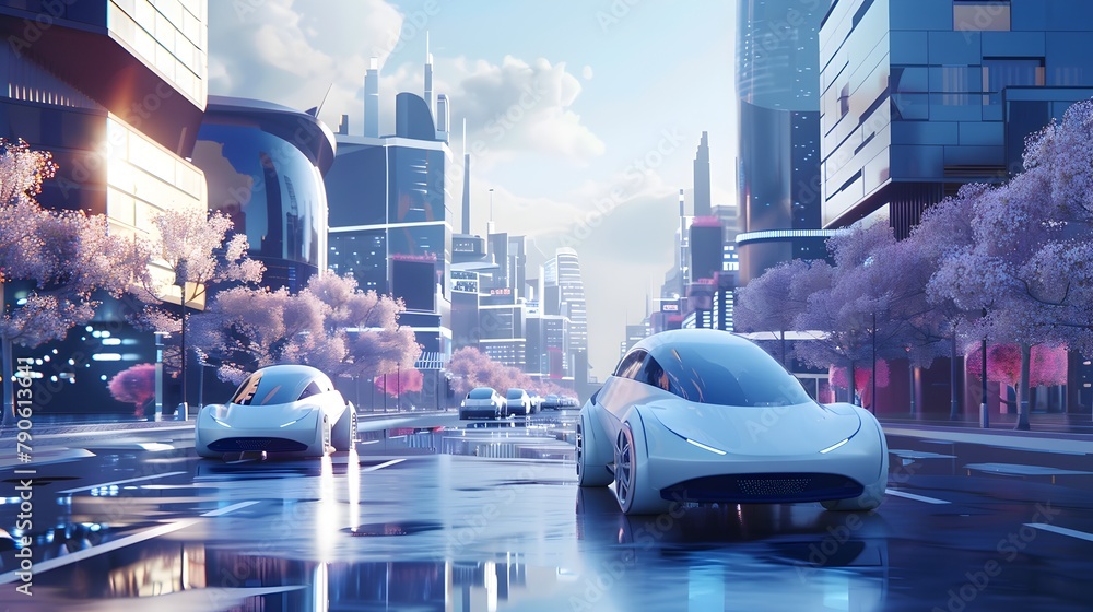 Poster autonomous vehicles navigating futuristic tech district with advanced sensors and