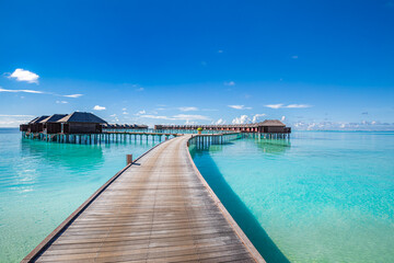 Maldives water villas paradise background. Tropical landscape, seascape with long pier, water...