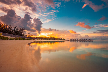 Island palm tree sea sand beach. Amazing beach landscape. Inspire tropical seascape horizon. Orange golden sunset sky calm reflection tranquil relax summer paradise. Vacation travel tourism beachfront - 790613654
