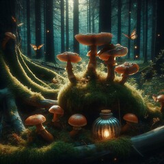 Fairy Lands as magical forest, fungus enchanted forest, fairytale, dark forest, magic forest. Generative AI.