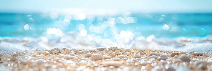 Background of blue sky and sea blurred into bokeh on a sandy beach. - obrazy, fototapety, plakaty