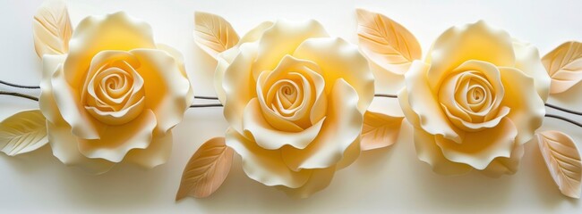 Three cream-colored roses in the color yellow against a white wall background.