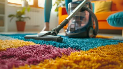 Vibrant Carpet Transformed Through Attentive Vacuuming in Dynamic Home Interior Cleaning Process
