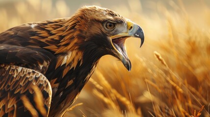 Golden eagle with its beak wide open in the field