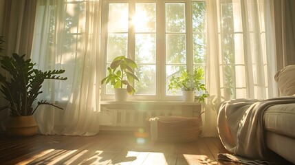 Bright and Airy Morning in a Cozy Living Room with Sunlight Streaming Through Clean Windows