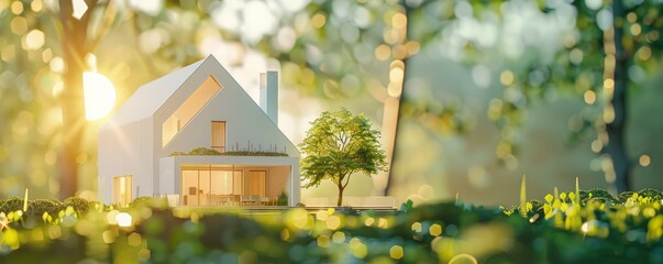 eco friendly home concept miniature white model house in a green natural landscape with sun rays