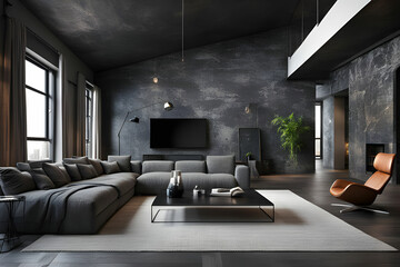 luxury interior with black stone warm of penthouse loft in 3D rendering - obrazy, fototapety, plakaty