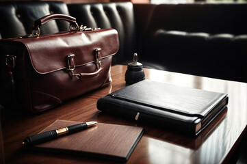 Luxury leather briefcase and pen on wooden table in office