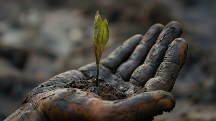 Fototapeta premium A hand holding a small plant in dirt