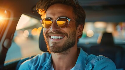 A handsome man is driving in a tunnel, side, smiling and Wearing myopia glasses. Generative AI.