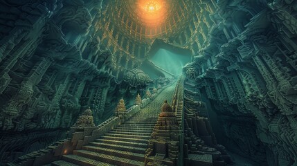 Capture the intricate details of an otherworldly architecture in a pixel art form, showcasing a cascading staircase reaching towards a mysterious glow overhead - obrazy, fototapety, plakaty