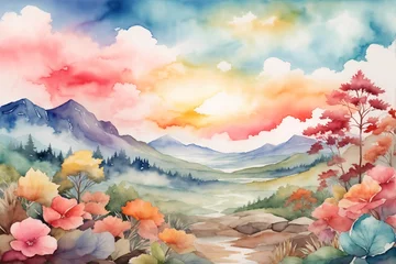Poster Nature Watercolor Landscape Background, Watercolor Nature Scenery Wallpaper, Watercolor painting nature landscape, Abstract watercolor landscape background, AI Generative © Forhadx5