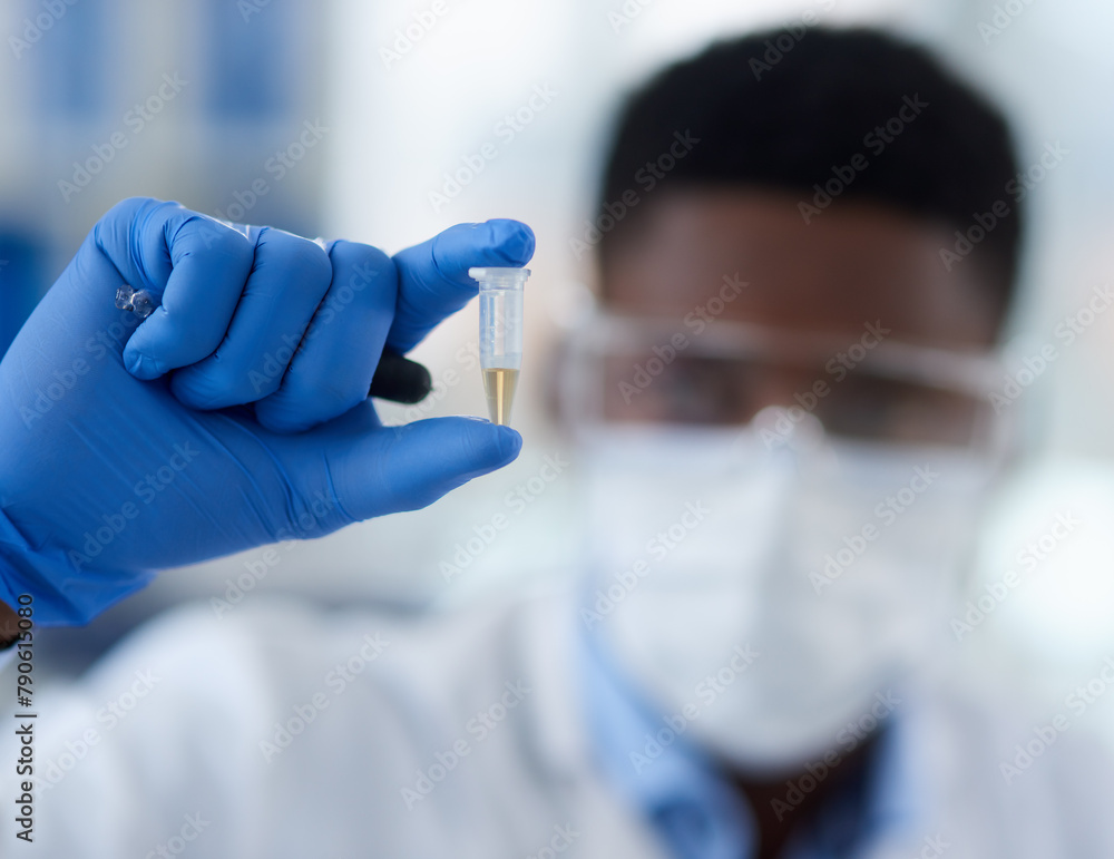 Poster hands, scientist and vial of fluid for research, chemical liquid and vaccine solution in container. 