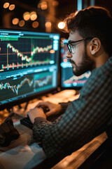 A financial analyst studying cryptocurrency market trends on a computer. Cryptocurrency market graphics on monitor.