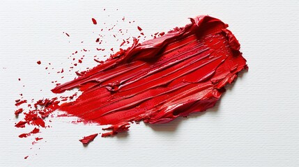 A smear of red lipstick isolated on a white background. The texture of creamy dense makeup. Bright red color of cosmetic product