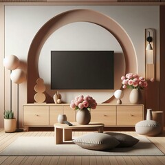 Interior design mock-up of living room. TV cabinet or place an object in a modern living room with a lamp, table, flowers, and plants. AI Generative.
