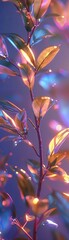 Intimate view of a holographic plant, with light reflecting off its leaves and creating a surreal, vibrant ecofriendly display