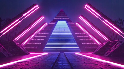 An Aztec pyramid illuminated by geometric neon lights, merging ancient civilization with futuristic aesthetics for a striking visual impact - obrazy, fototapety, plakaty