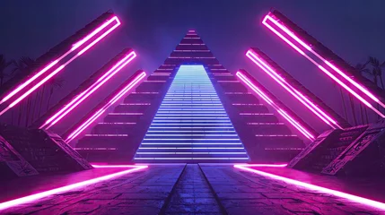 Foto op Canvas An Aztec pyramid illuminated by geometric neon lights, merging ancient civilization with futuristic aesthetics for a striking visual impact © Piyapan