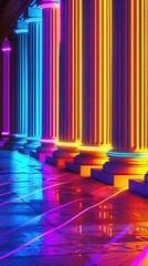 Abstract neon outlines of Greek columns, casting bright colors against shadows to symbolize the enduring legacy of classical architecture