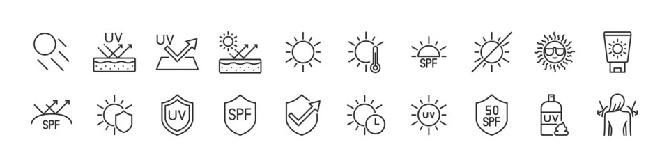 set of sun protection icons, skin, sunscreen,  uv, summer