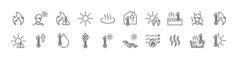 set of hot temperature icons, fire, heat, sun - obrazy, fototapety, plakaty