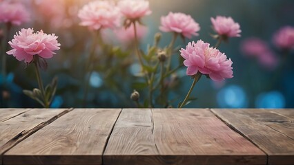 Empty wooden table with beautiful blur bokeh flower background, photorealistic - obrazy, fototapety, plakaty