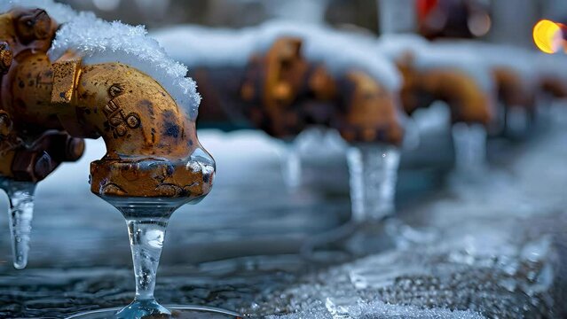 Frost Meets Metal: A Chilly Symphony of Pipes. Concept Ice Sculptures, Industrial Design, Winter Wonderland Art, Creative Contrasts, Urban Aesthetics
