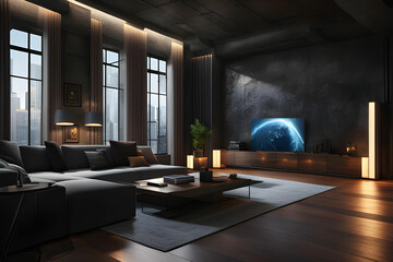 luxury penthouse interior with black stone wall under warm light in 3D rendering - obrazy, fototapety, plakaty