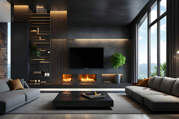 luxury penthouse interior with black stone wall under warm light in 3D rendering
