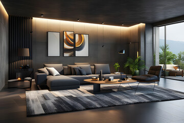 luxury penthouse interior with black stone wall under warm light in 3D rendering - obrazy, fototapety, plakaty