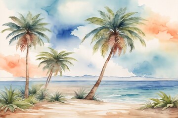 Fototapeta na wymiar Watercolor palm beach wallpaper, Beach Watercolor Landscape Background, Watercolor palm island Scenery Wallpaper, Watercolor painting Summer Beach landscape, AI Generative