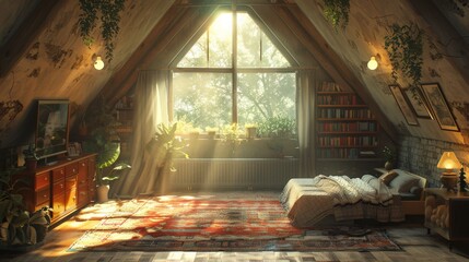 Cozy attic home office with lush sunlight and rustic charm, featuring brick walls and assorted vintage decor - obrazy, fototapety, plakaty