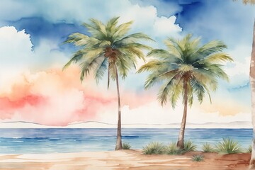 Fototapeta na wymiar Watercolor palm beach wallpaper, Beach Watercolor Landscape Background, Watercolor palm island Scenery Wallpaper, Watercolor painting Summer Beach landscape, AI Generative