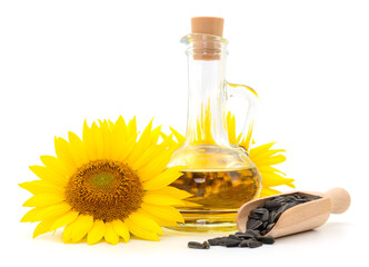 Sunflower oil, seeds and flower.
