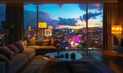 Craft a digital 3D rendering of a modern living room with plush furniture, soft lighting, and a large window overlooking a vibrant cityscape at dusk