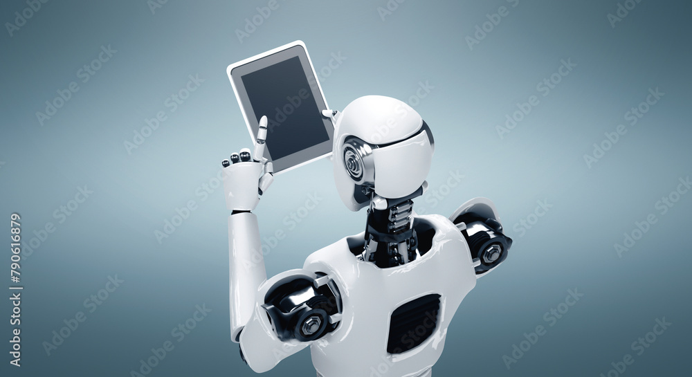 Poster mlb 3d illustration robot humanoid using tablet computer in future office while using ai thinking br