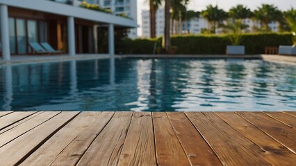 Empty wooden table with beautiful swimming pool background, photorealistic	