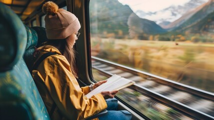 Traveler Exploring Landscapes from Train Window on Adventurous Journey - obrazy, fototapety, plakaty