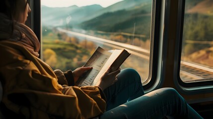 Traveler Planning Their Next Destination as Landscapes Blur Past Train Window - obrazy, fototapety, plakaty