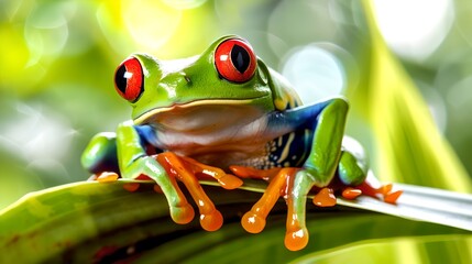 Vibrant Red-Eyed Tree Frog Perching on Green Leaf in Lush Forest. Nature Photography, Perfect for Eco-Themes and Wildlife Enthusiasts. AI