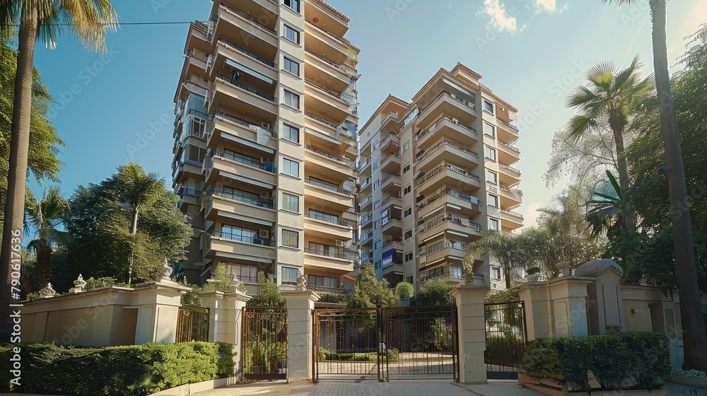 Fototapete an exterior view of an apartment building in city. a residential block with balconies on the side an