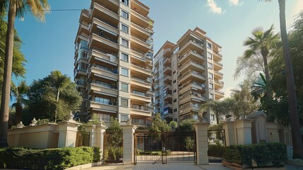 An exterior view of an apartment building in city. A residential block with balconies on the side and an entrance gate at its front. Generative AI.