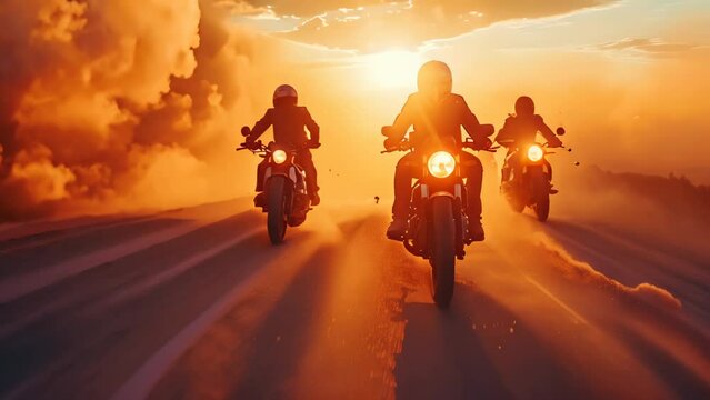 Sunset Riders: Bikers United on the Open Road. Concept Motorcycle Adventures, Riding Together, Open Highway Journeys, Sunset Scenery, Biker Brotherhood