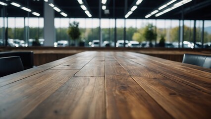 Empty wooden table with beautiful Showroom background, photorealistic